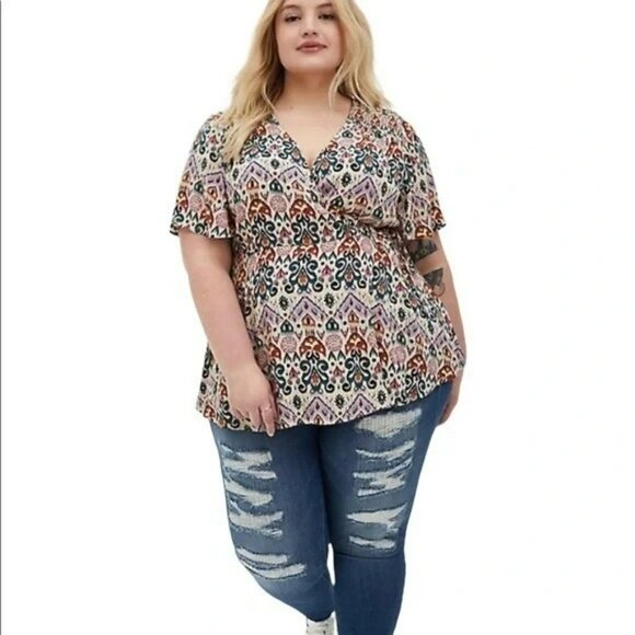 Torrid Womens 4X Tan Purple Printed Short Sleeve Gauze Smocked Surplice Wrap Top - Picture 11 of 11